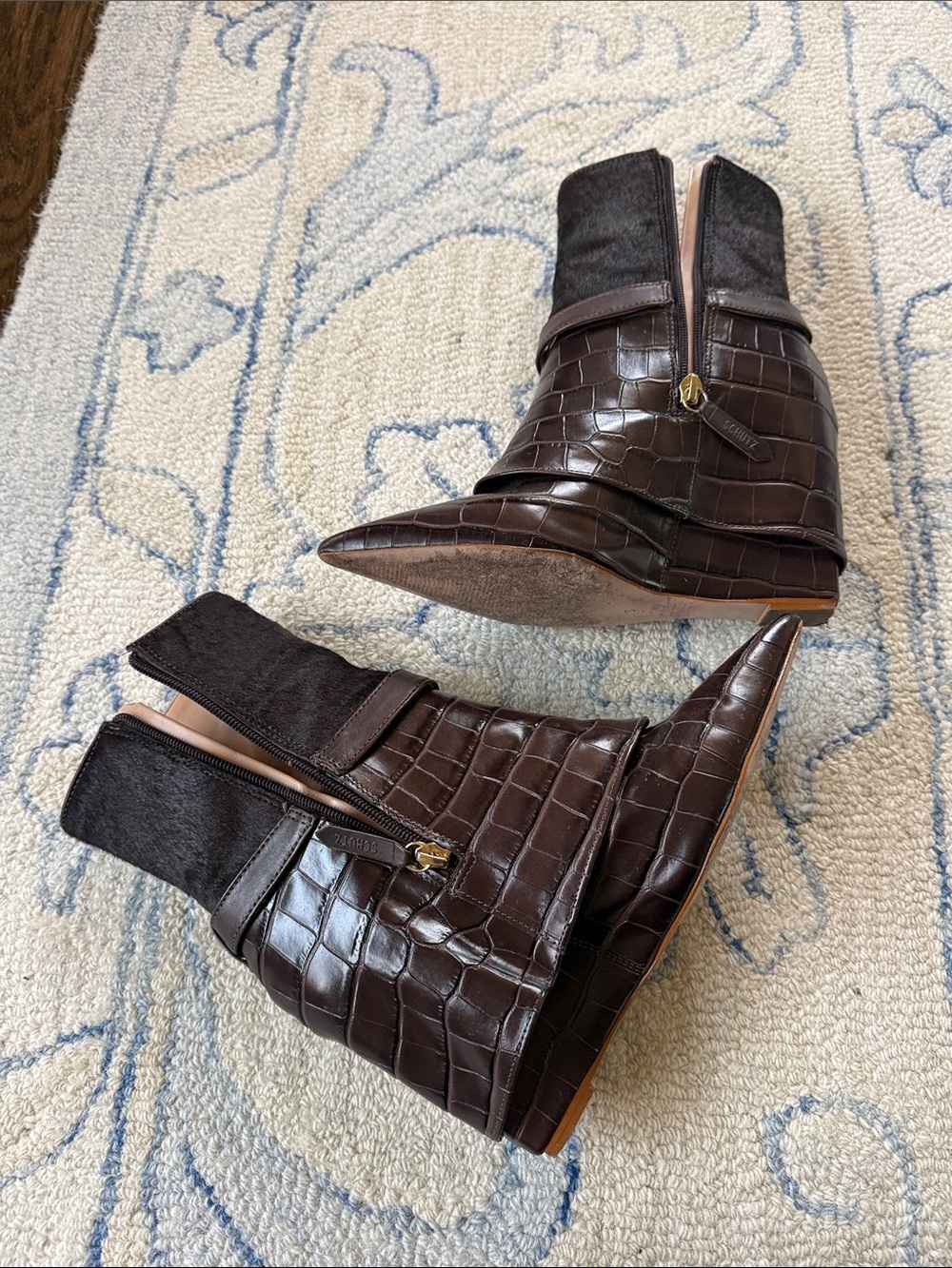 SCHUTZ Dark Brown Croc-Embossed Pointed Toe Ankle Boots with Gold Buckle - Picture 7 of 7